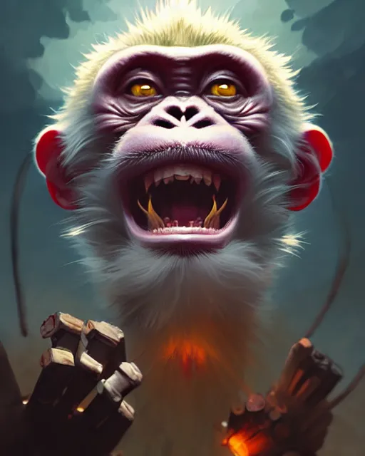 Image similar to Monkey Mad Scientist, laughing, D&D, artstation, fantasy, magic the gathering artwork, cinematic lighting, centered, symmetrical, highly detailed, digital painting, , concept art, smooth, sharp focus, illustration, volumetric lighting, epic Composition, 8k, art by Akihiko Yoshida and Greg Rutkowski and Craig Mullins, oil painting, cgsociety