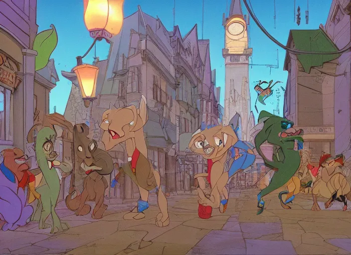 Image similar to now we creep through streets every night, through the windows, leaning out the sides, animated by don bluth, 8 k scan, vivid color