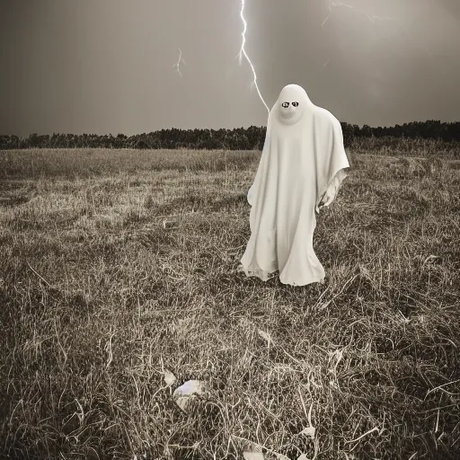 Prompt: scary unproportionally tall disfigured ghost creature in the middle of an old battlefield, thunderstorm, 35mm picture