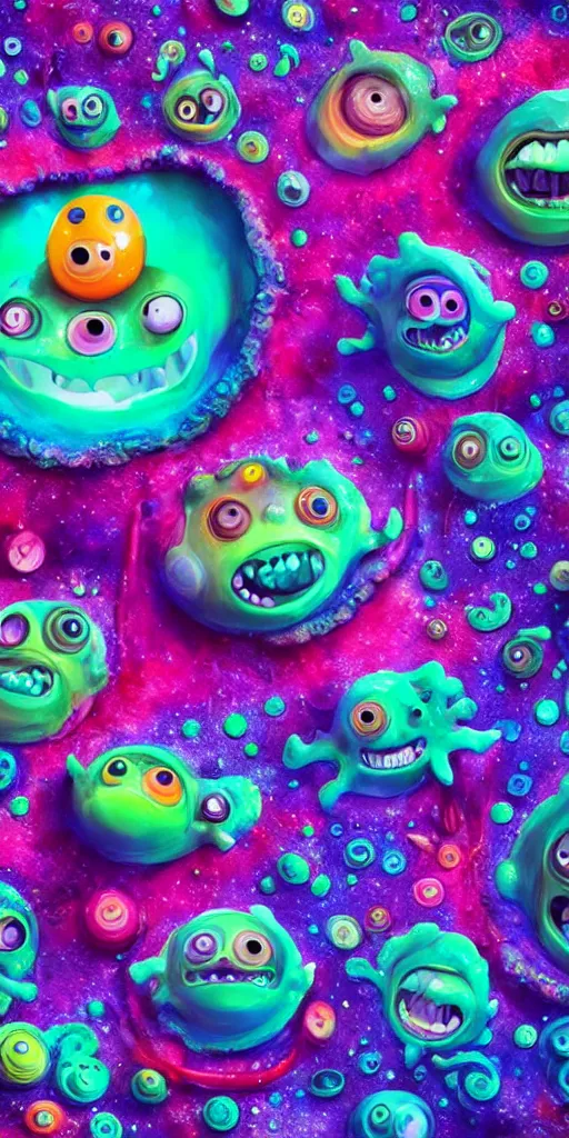 Prompt: of a colorful deep sea crater with strange cute jello happy creatures with huge eyes, mouth, long tongue and round teeth appearing from smokey background, in the style of gehry and gaudi, macro lens, shallow depth of field, ultra detailed, digital painting, trending artstation, concept art, illustration, cinematic lighting, photorealism, epic, octane render