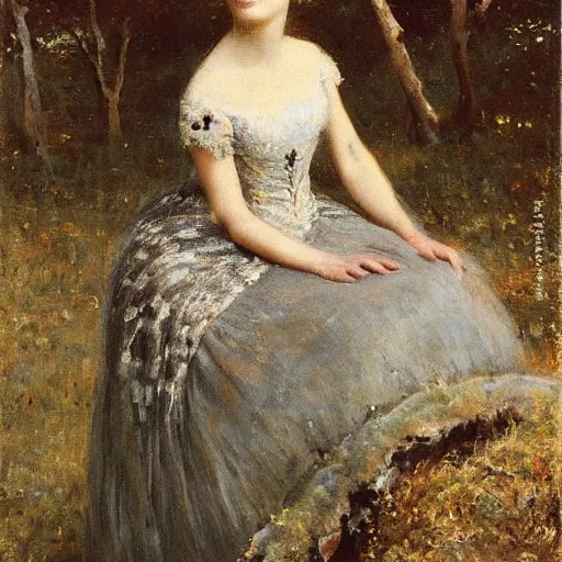 Image similar to young victorian lady in ball gown observing an anthill, painted by alfred stevens