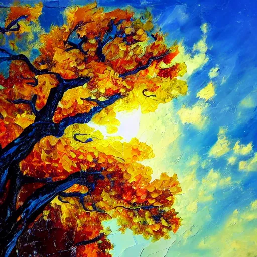 Image similar to oil paint impasto reliefs of looking up at a large sunny oak tree, through to beautiful clouds, thick heavy painterly style using a palette knife - i