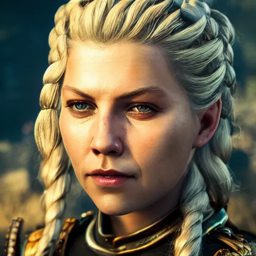 Prompt: portrait art of lagertha from vikings, 8 k ultra realistic, lens flare, atmosphere, glow, detailed, intricate, full of colour, cinematic lighting, trending on artstation, 4 k, hyperrealistic, focused, extreme details, unreal engine 5, cinematic, masterpiece