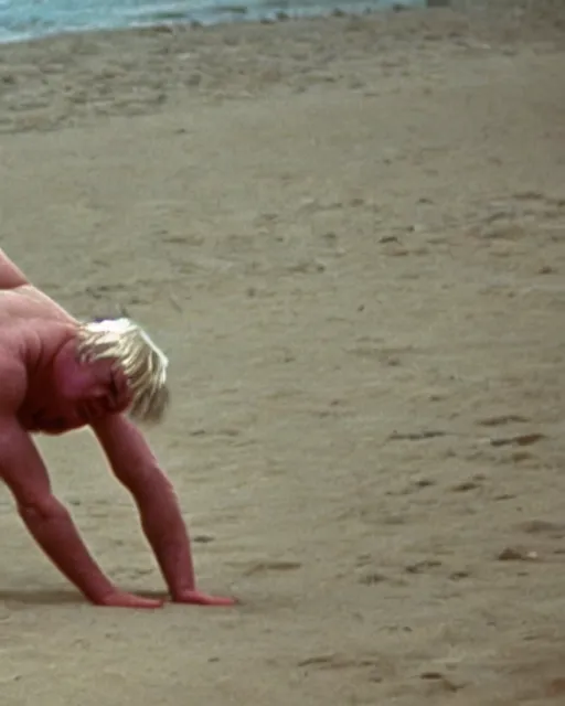 Image similar to film still close - up shot of boris johnson doing a somersault on the beach from the movie monty python's the meaning of life. photographic, photography