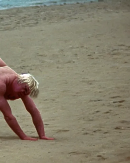 Prompt: film still close - up shot of boris johnson doing a somersault on the beach from the movie monty python's the meaning of life. photographic, photography