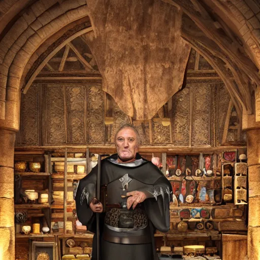 Image similar to full body portrait photo of Dennis hopper as a devious medieval lord in a giant medieval Shop, unreal engine, octane render, intricate details, 8k high definition, beauriful, ornate, hypermaximalistic