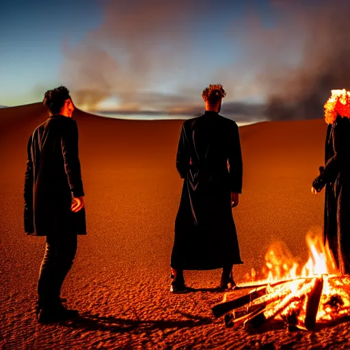 Image similar to photograph of three ravers, two men, one woman in a trenchcoat blessing the earth, seen from behind, talking around a fire, dancefloor kismet, diverse costumes, clean composition, desert transition area, bonfire, night, australian desert, xf iq 4, symmetry, sony a 7 r, 1 5 0 mp, 5 0 mm