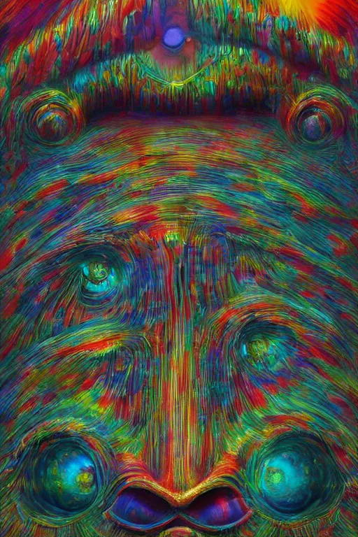 Image similar to hyperrealistic abstract close-up Renaissance psychedelic!! celestial happy! pure creature!! peaceful! kind spirit of nature! beautiful fractal!! eyes! highly detailed concept art eric zener elson peter cinematic hard rainbow lighting high angle hd 8k sharp shallow depth of field endless, inspired by Zdzisław Beksiński Salvador Dali