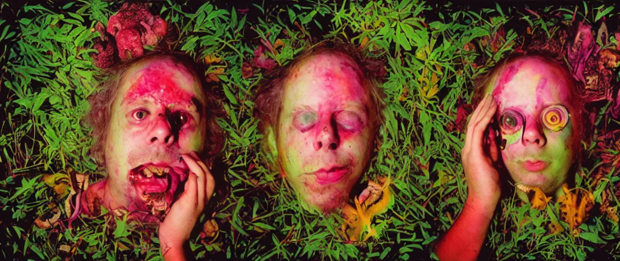 Image similar to award winning photo of a todd solondz charles thompson iv eating magic mushrooms and becoming nature, sad and happy, crying and smiling franticly, vivid colors, happy, symmetrical face, beautiful eyes, studio lighting, wide shot art by sally mann & arnold newman