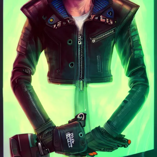 Prompt: cyberpunk anthropomorphic ferret, wearing leather jacket, medium shot portrait, digital painting, trending on ArtStation