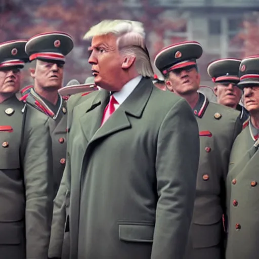 Image similar to a medium - shot still of donald trump in dictator gear looking into the distance, natural light, soviet propaganda style, photography, photorealistic