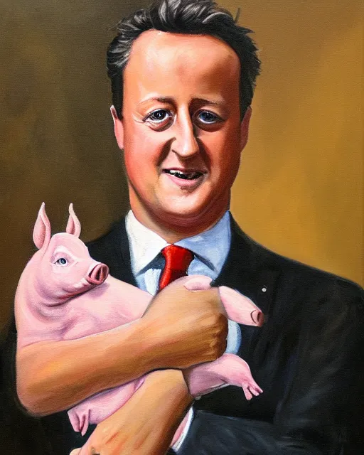 Image similar to a painting of uk politician former prime minister david cameron holding a pig in his arms, 4 k detail