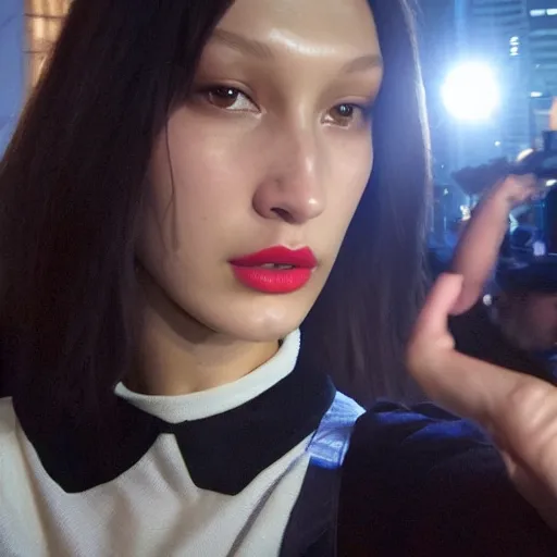 Image similar to bella hadid taking a selfie in seoul, photorealistic, dynamic light, ultra detailed