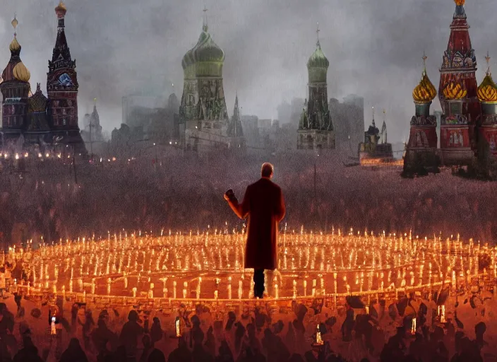 Prompt: ukrainian people crucifying vladimir putin in the middle of red square, lit by candles, digital painting, artstation, concept art, craig mullins, breathtaking, 8 k resolution, extremely detailed, beautiful, establishing shot, artistic, hyperrealistic, octane render, cinematic lighting, dramatic lighting, masterpiece, light brazen, extremely detailed and beautiful face