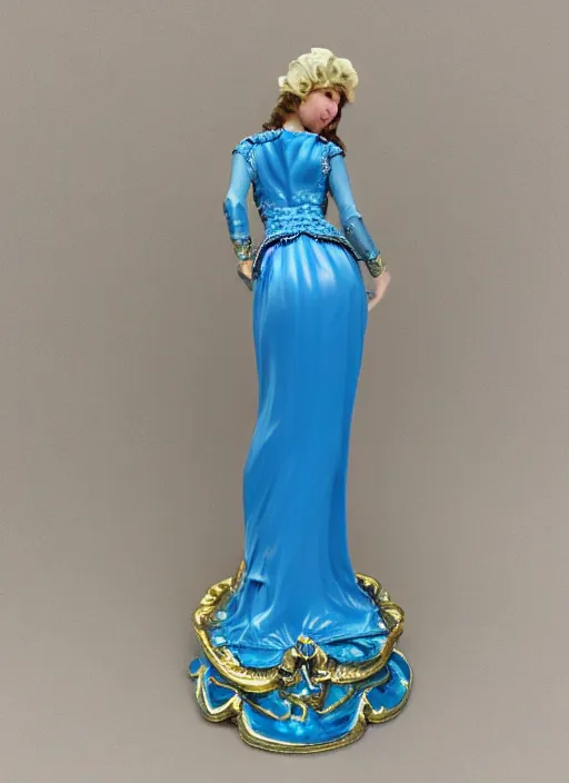 Prompt: 80mm, resin detailed model figure of a female wearing a blue baroque dress with glod ornaments