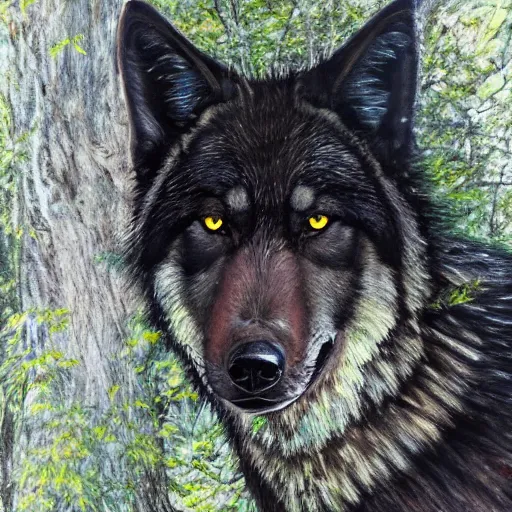 Prompt: wild and majestic black wolf beautifully standing in the shadows of some trees on a sunny day in a forest with heterochromia eyes, award winning, oil painting, high detail, high quality, 4k, stunning