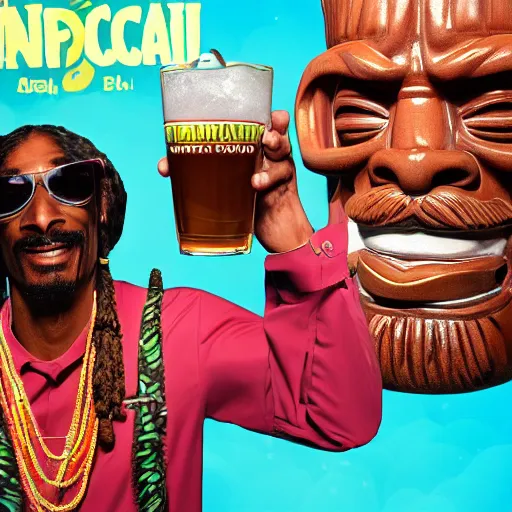 Image similar to a photorealistic photograph of a Trader Vic's tiki mug featuring Snoop Dogg at a Tiki bar - Trending on Artstation, featured on Behance, well-rendered, Unreal Engine, 4K HD