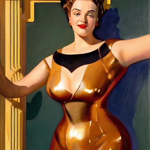 Prompt: closeup painting of uncannily beautiful curvy!! aristocrat wearing latex and bronze catsuit inside bronze art deco arcology, science fiction by j. c. leyendecker and fritz lang and rembrandt and greg rutkowski and stefan prohaczka