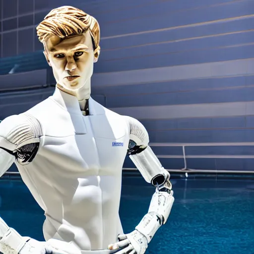 Image similar to a realistic detailed photo of a guy who is an attractive humanoid who is half robot and half humanoid, who is a male android, soccer player martin ødegaard, shiny skin, posing like a statue, blank stare, by the pool, on display, showing off his muscles, humanoid robot, frozen ice statue