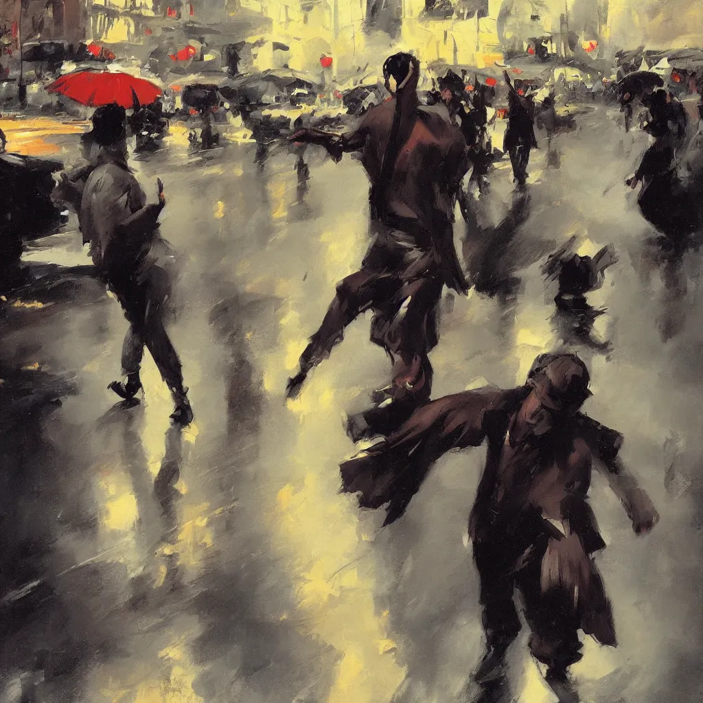 Prompt: poster of a man dancing in the rain by greg manchess