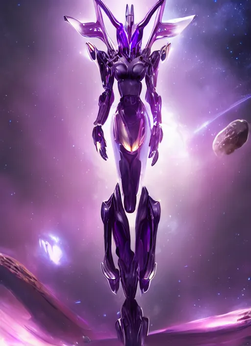 Image similar to cinematic close shot, galactic sized goddess, proportional stunning beautiful hot female warframe, sleek mecha female dragon head, metal ears, led purple eyes, smooth fuschia skin, smooth silver armor, floating in space, holding a galaxy, epic proportions, epic size, epic scale, furry art, dragon art, giantess art, warframe fanart, furaffinity, octane