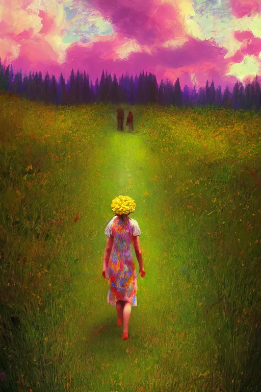 Image similar to giant corn flower head, girl walking in a green valley, surreal photography, sunrise, dramatic light, impressionist painting, colorful clouds, digital painting, artstation, simon stalenhag