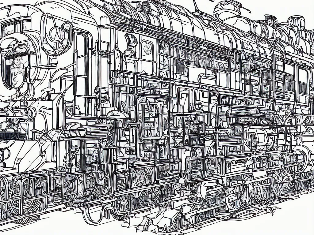 Image similar to blueprint sideview of a anime train, illustration, concept art, autumn light, colorful, beautiful, inspired by studio ghibli, inspired by hayao miyazaki, manga, cute and adorable