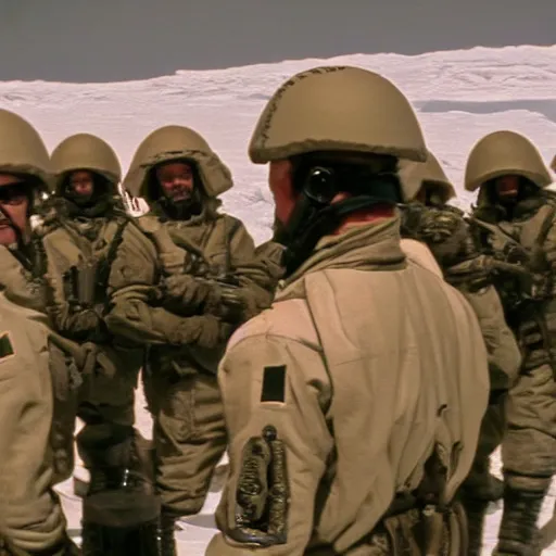 Prompt: filmic extreme close up shot movie still 4 k uhd interior 3 5 mm film color photograph of six soldiers arguing and yelling and pointing in a lab in antartica