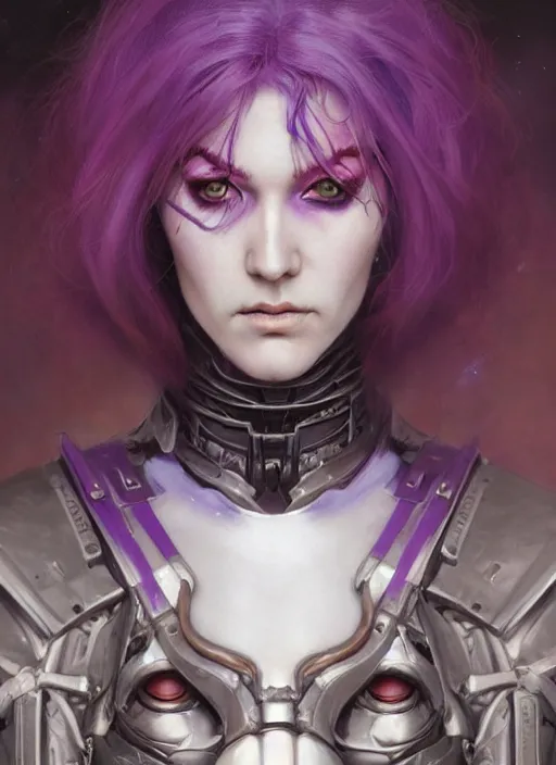 Prompt: a hyper detailed face portrait of a pale woman with purple hair in sci - fi cybernetic armor, diablo 4 lilith, sideshow figurines, by tom bagshaw, artgerm, dorian cleavenger, greg rutkowski, wlop, astri lohne, zdzisław beksinski trending on artstation