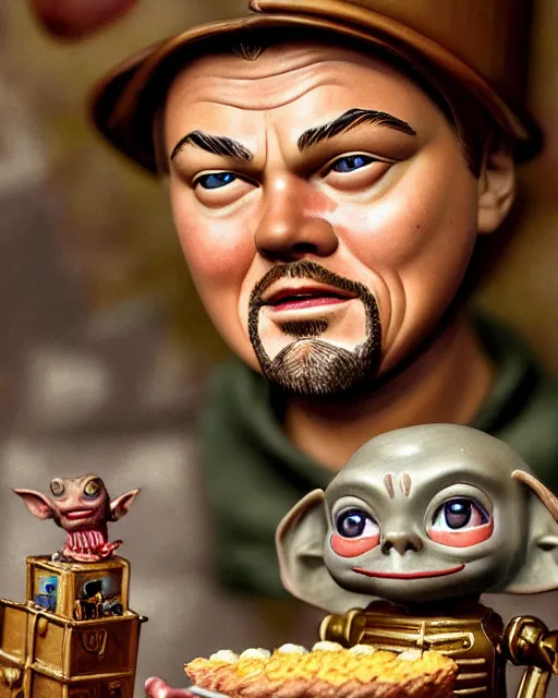 Image similar to highly detailed closeup, face profile portrait of a tin toy leonardo dicaprio as a medieval goblin eating cakes in a castle, hyper realistic, artstation, illustration, nicoletta ceccoli, mark ryden, lostfish, dan decarlo, bob clampett, max fleischer, digital paint, matte paint, vivid colors, detailed and intricate environment