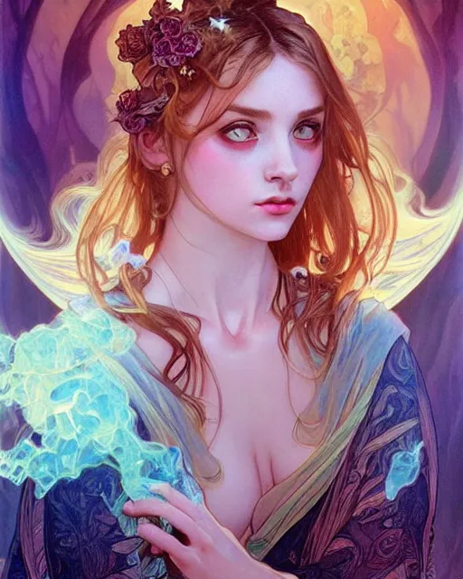 Image similar to portrait of demon girl, dreamy and ethereal, expressive pose, big blue eyes, exciting expression, fantasy, intricate, elegant, psychedelic smoke, highly detailed, digital painting, artstation, concept art, smooth, sharp focus, illustration, art by artgerm and greg rutkowskiand alphonse mucha