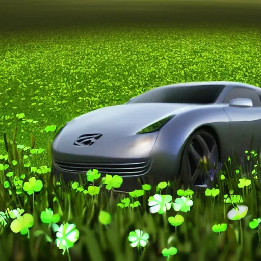 Prompt: a car running over a giant clover, hd photo hyper realistic render