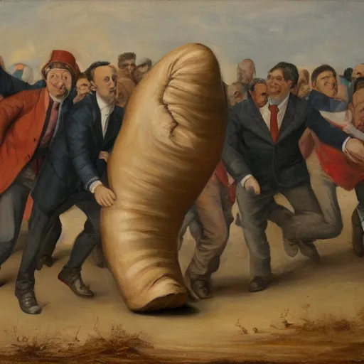 Prompt: A group of politicians run away terrified as a giant shoe is about to crush them, oil on canvas, detailed, High quality
