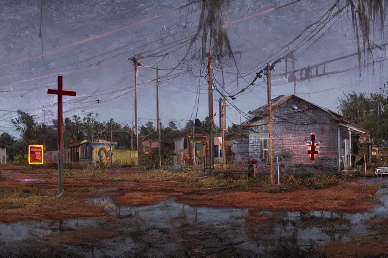 Image similar to scene fromlouisiana swamps, old protestant church with neon cross, junkyard by the road, boy scout troop, voodoo artwork by tim eitel