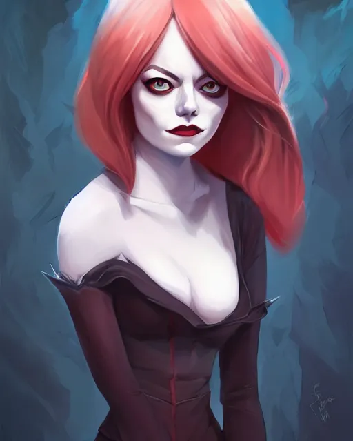 Prompt: a portrait of a beautiful full body Emma Stone vampire sharp teeth blood, art by lois van baarle and loish and ross tran and rossdraws and sam yang and samdoesarts and artgerm, digital art, highly detailed, intricate, sharp focus, Trending on Artstation HQ, deviantart, unreal engine 5, 4K UHD image