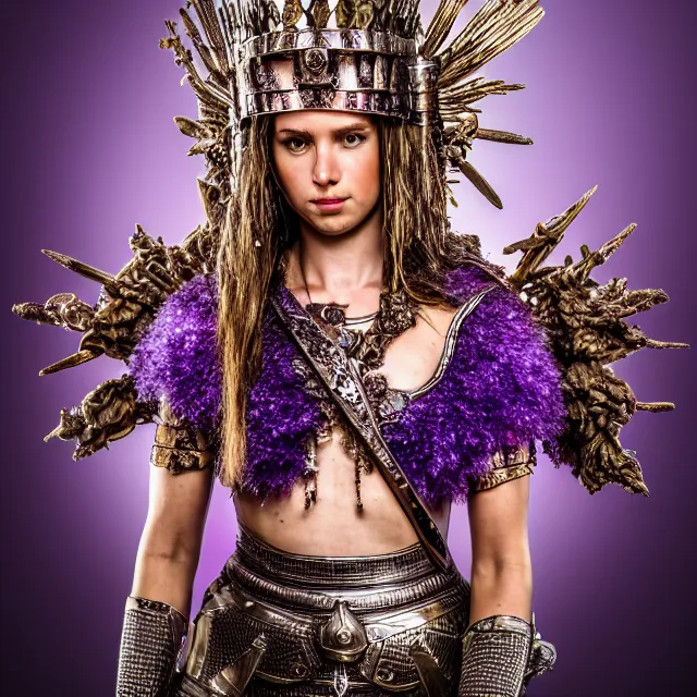 Prompt: full body photo of a beautiful warrior queen wearing amethyst encrusted armour, highly detailed, 4 k, hdr, smooth, sharp focus, high resolution, award - winning photo