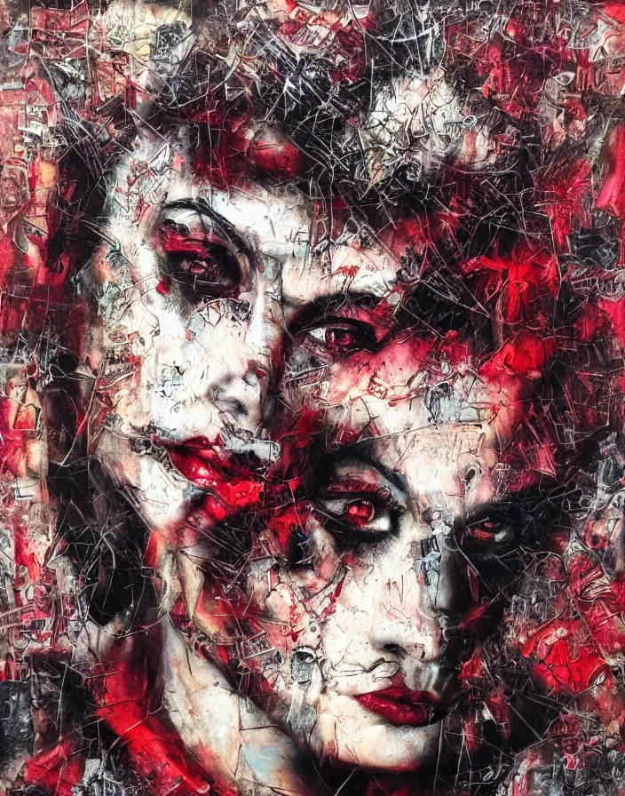 Prompt: heartbroken aesthetical devil detailed photo and highly reliefed analogue mixed media collage with canvas texture in style of conteporary art, punk art, hyperrealistic beautiful face, photorealistic, expressionism, masterpiece, perfect composition, spectacular quality, intricate oil details