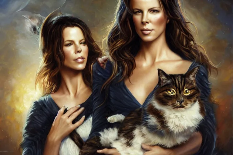 Prompt: portrait of kate beckinsale holding a cat, an oil painting by ross tran and thomas kincade