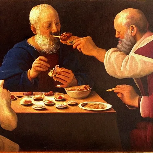 Prompt: renaissance painting of lula eating picanha and drinking beer