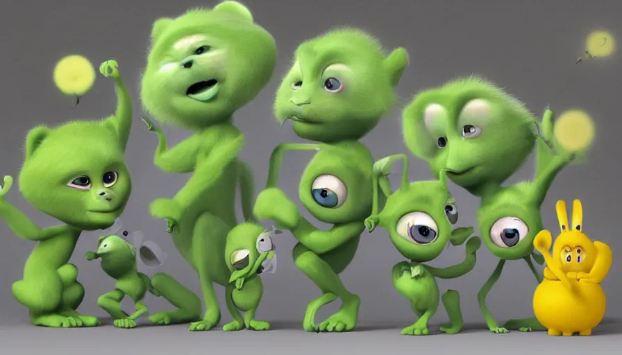 Image similar to very very very cute green baby animals by Max Kostenko and Bobby Chiu, disney, pixar, MPC, Framestore, character design for animation, uplight, a lineup of characters, big disney eyes, symmetrical yellow eyes, cuteness, 3d render, octane rendered, highly detailed, cinematic lightning, rendered by maya and houdini, highly detailed, unreal engine, Trending on Artstation, octane render, 4k, 8k, HD, oil on Canvas by Elena Zhurikhina and Goro Fujita and Charlie Bowater