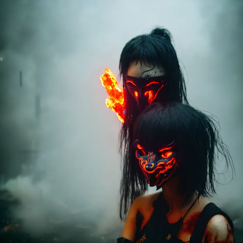 Image similar to a photo close up cyberpunk woman, wearing oni mask, fire dance in cyberpunk dirty alley, smoke mist rain, cyberpunk gunma prefecture, midnight, photorealistic, cinematic color, studio lighting, highly detailed, bokeh, style by tomino - sama