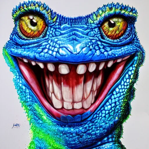 Image similar to president donald j clinton as a smiling laughing bright blue lizard person, airbrush painting, hyper detailed, 8 k, photorealism, rule of thirds, glitter.