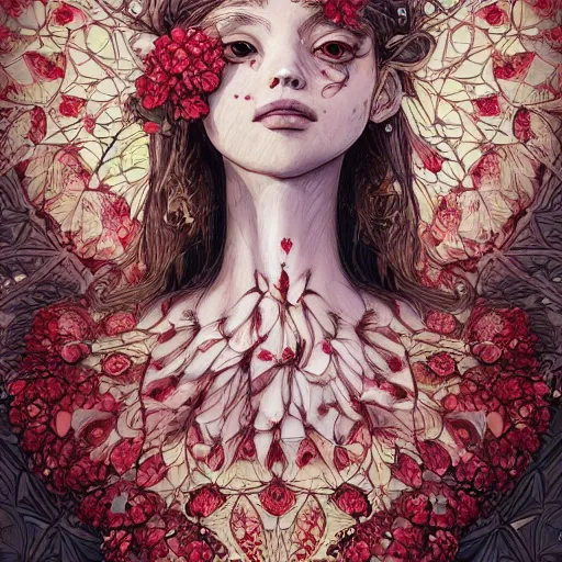 Prompt: the portrait of an absurdly beautiful, graceful, elegant, chaste, young woman made of strawberries and petals looking up, an ultrafine detailed illustration by kim jung gi, irakli nadar, intricate linework, bright colors, octopath traveler, final fantasy, angular, unreal engine 5 highly rendered, global illumination, radiant light, detailed and intricate environment