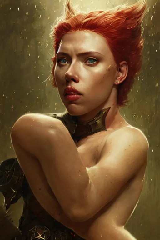 Image similar to scarlet johansson, legendary warrior, heroic fighter, dungeons & dragons, tattoos, decorative ornaments, battle armor, by carl spitzweg, ismail inceoglu, vdragan bibin, hans thoma, greg rutkowski, alexandros pyromallis, perfect face, detailed, sharply focused, centered, rule of thirds, realistic shading