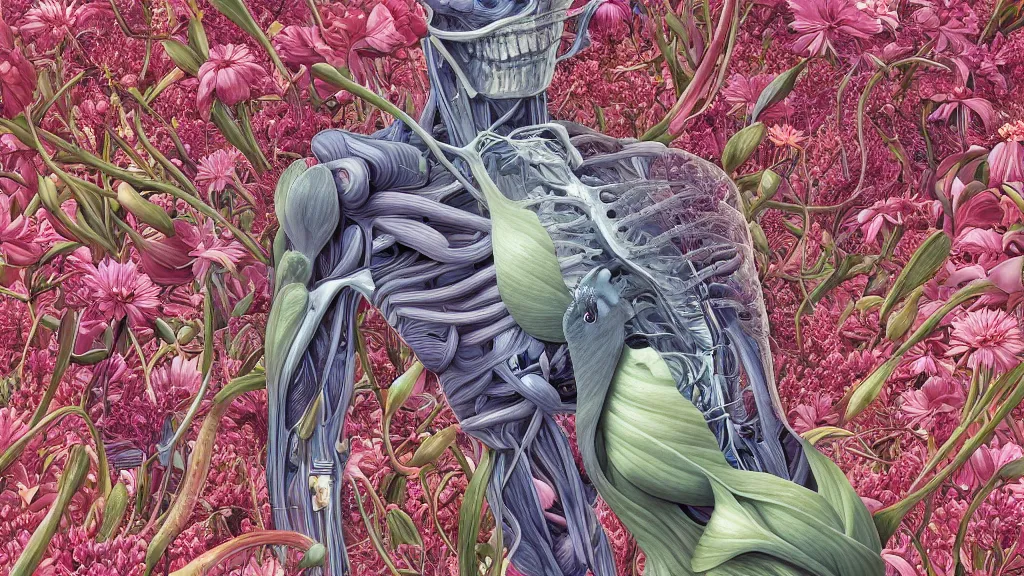 Image similar to highly detailed illustration of a human anatomy body exploded by all the known species of flowers by juan gatti, by makoto shinkai, by moebius!, by oliver vernon, by joseph moncada, by damon soule, by manabu ikeda, by kyle hotz, by dan mumford, by kilian eng