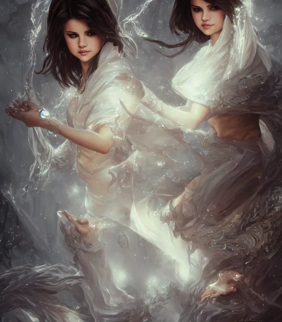 Image similar to Selena Gomez casting an frost spell, D&D, fantasy, intricate, elegant, highly detailed, digital painting, artstation, concept art, matte, sharp focus, illustration, hearthstone, art by Artgerm and Greg Rutkowski and Alphonse Mucha