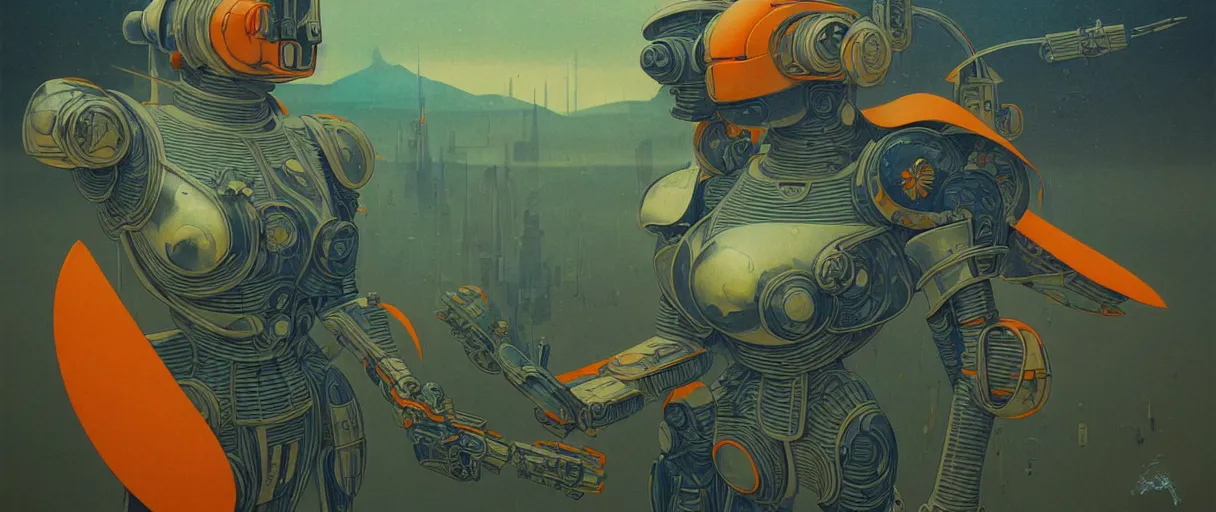 Prompt: composition of and futuristic, warhammer, cyber armor, scars, storm, blue head, orange, green, mouldy juice, many mech flowers, the middle ages, highly detailed, artstation, in the style of moebius, jugendstil and classic japanese print, psychedelic, art by rene magritte and anka zhuravleva, mary jane ansell