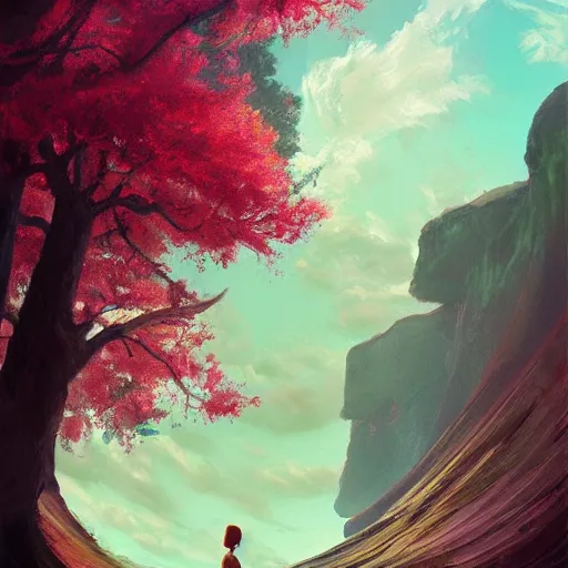 Image similar to giant cherry tree floating overhead, girl walking in a canyon, surreal photography, sunrise, dramatic light, impressionist painting, colorful clouds, digital painting, artstation, simon stalenhag