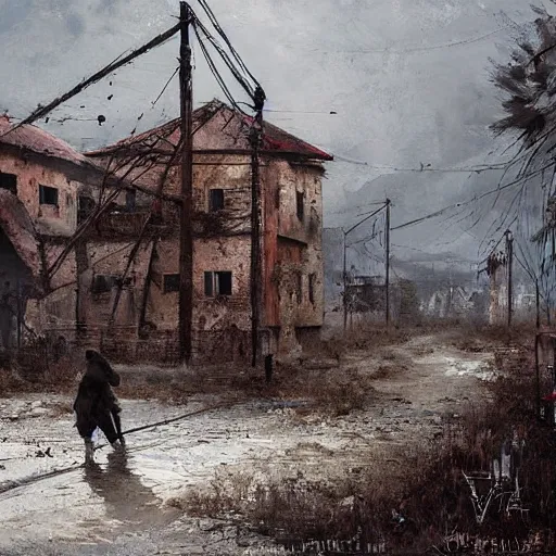 Image similar to painting of a abandoned post soviet town infested with humanoid root monsters by jakub rozalski