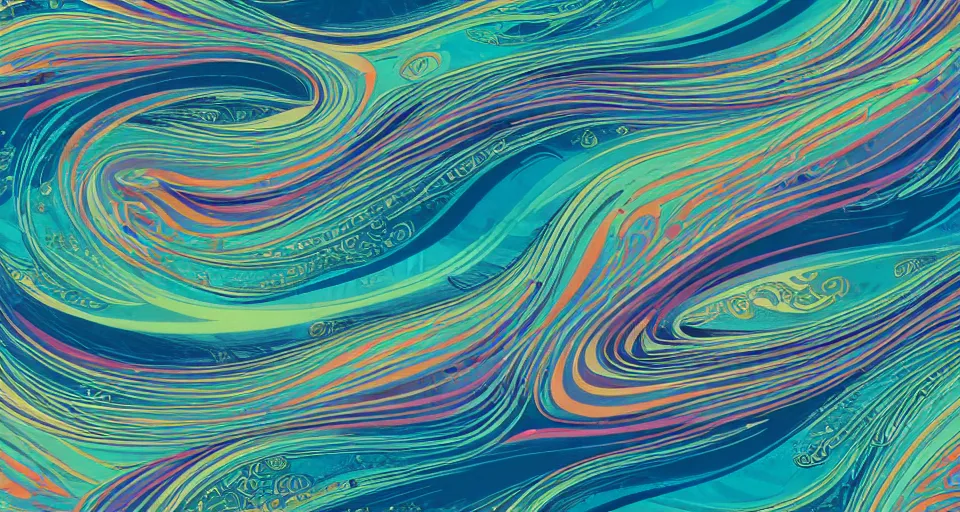 Prompt: [ palate ] [ muted colors ] crazy psychedelic 🌊 ocean waves, luxury yacht crossing the ocean, paisley swirls and ripples, backlit, sunset, refracted lighting, outdoors, paisley clouds in the sky, elegant, 8 k resolution, intricate and fine details, digital painting, artstation, illustration, psychedelic ocean art, krenz cushart, alphonse mucha